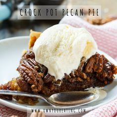 a piece of pecan pie with ice cream on top