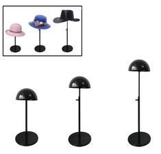 three hats are placed on top of each other in different shapes and sizes, along with a hat stand