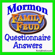 the logo for mormon family feed questions answered by two people in green and blue letters