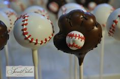 chocolate cake pops with baseballs on them are ready to be used as desserts