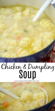 chicken and dumpling soup in a blue pot with a white ladle next to it