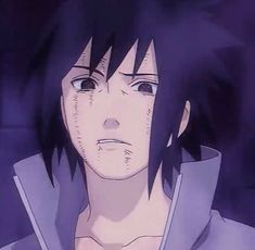 an anime character with black hair and blue eyes looking at the camera while wearing a hoodie