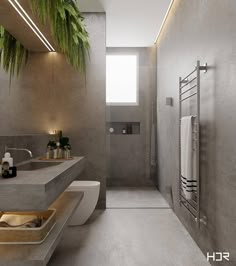 an image of a modern bathroom setting with plants in the bathtub and sink area