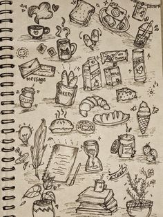 an open notebook with doodles on it and various things in the pages that are drawn