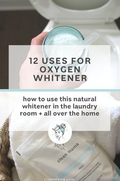 a person is holding a white towel over a toilet with the words 12 uses for oxygen whitener on it