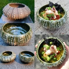 there are three bowls with food in them on the ground and one bowl is filled with water