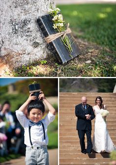 the wedding couple is walking down the stairs and there are pictures of their son's parents