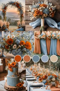 a collage of different color schemes for a wedding with orange and blue flowers on the table