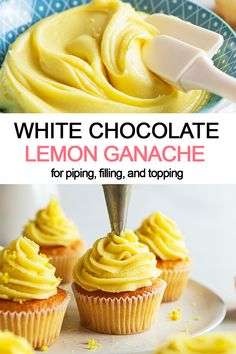 cupcakes with lemon ganache Orange Cream Icing, Lemon White Chocolate Ganache, Lemon Ganache Filling, Blueberry Ganache Recipe, Blueberry Ganache, Ganache Recipes, Lemon Ganache, Lemon Ganache Recipe, Whipped Ganache Frosting