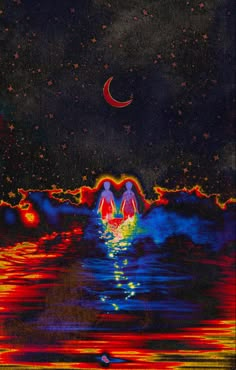 an artistic painting with water and stars in the sky