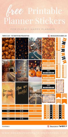 the free printable planner stickers for classic happy planner is an orange and black theme