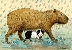 a drawing of a capybara and her baby in the rain