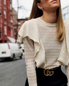 Blouse: ruffled top tumblr white top white top ruffle belt gucci gucci belt logo belt long sleeves