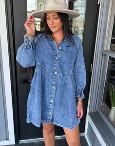 We are loving this sweet little washed denim shirt dress! Features snap button front and 3/4 puff sleeves. Minimal pleating and very light distressing on hemline. Wear it with some white boots and head out for brunch! Color: Washed Denim. 100% Cotton. Model is 5'8", 27" waist, 35" bust, and wearing size small. True to size. Size Chart  Small: 2-6  Medium: 6-10  Large: 10-14 Trendy Light Wash Denim Dress For Fall, Chic Washed Long Sleeve Denim Dress, Light Wash Long Sleeve Denim Dress, Trendy Washed Blue Denim Dress For Fall, Long Sleeve Medium Wash Denim Dress For Day Out, Light Wash Denim Dress For Fall Day Out, Fall Light Wash Denim Dress For Day Out, Trendy Light Wash Button-up Denim Dress, Washed Blue Long Sleeve Denim Dress For Spring