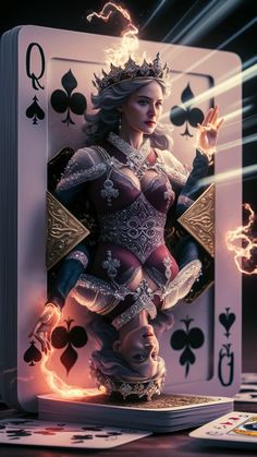 the queen of spades is standing in front of playing cards