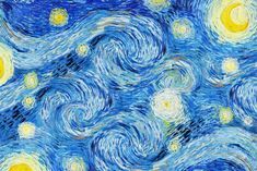 the starry night painting is shown in blue and yellow