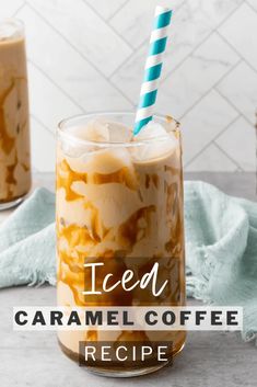 iced caramel coffee in a glass with a blue and white striped straw