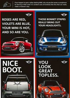 an advertisement for minis with the words nice boot and great toplessness on it