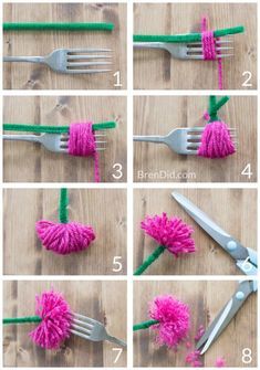 the steps to crochet a pom - pom flower on a fork