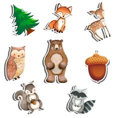 an assortment of stickers with different animals and trees on the top one has a pine tree