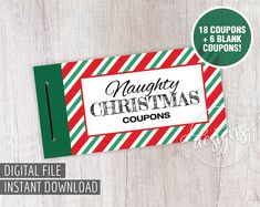 christmas coupon card with red, green and white stripes