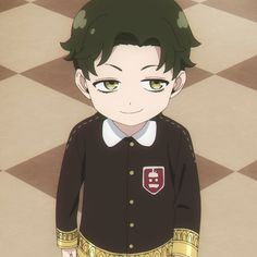 an anime character with green eyes wearing a black shirt and gold pants, standing in front of a checkered floor