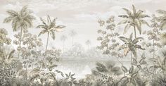 an image of a tropical scene with palm trees and other plants on the water's edge