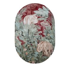 an elephant and giraffes are depicted in this wallpapered oval frame