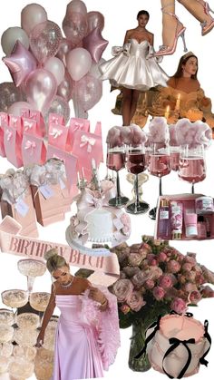 a collage of pink and white items including balloons, cake, hats, dresses