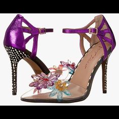 Betsey Johnson Printed Stiletto Heel Pointed Toe Design Floral Embellishments Ankle Buckle Closure Betsey Johnson's Laen Features A Classic Pointed Toe Design Embellished With Beautiful Flowers And Patterned Accents All Around. The Perfect Shoe For A Confident Dresser! Fitted Purple Sandals With Ankle Strap, Purple Ankle Strap Sandals Fitted, Elegant Purple Party Sandals, Elegant Purple Sandals For Party, Purple Sandals With 4-inch Heel And Pointed Toe, Purple Heels With Heel Strap For Party, Purple Heel Strap Heels For Party, Purple Heels For Spring Cocktail, Glamorous Fitted Purple Heels