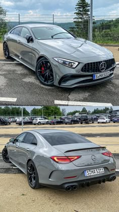 two different cars side by side in a parking lot, one is silver and the other is