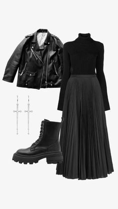 Goth Outfits With Leather Jacket, Dark Teacher Outfits, Gothic Work Outfit Corporate Goth, Edgy Modest Outfits, Winter Gothic Outfits, Gothic Casual Outfits, School Winter Formal Dresses, Goth Winter Outfits, Casual Black Outfits