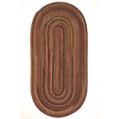 the oval rug is made from multicolored yarn and has a braid pattern on it