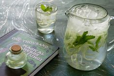 two glasses and a book are on a table with ice, water, and mint