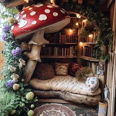 a room with a bed, bookshelf and mushrooms on the wall in it