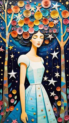 a painting of a woman with flowers on her head and stars in the sky above