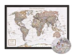 the world map with pins on it and a black frame for displaying information about countries