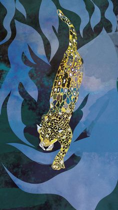 a painting of a leopard in the middle of water with blue and green paint on it's body