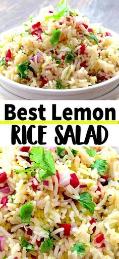 rice salad in two bowls with the words best lemon rice salad on top and bottom