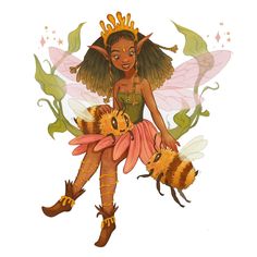 a fairy sitting on top of a flower with two bees around her legs and wings