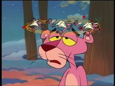 the pink panther is wearing a crown with angels on it's head and stars above his head