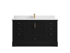 a bathroom vanity with a white sink and black cabinetry on the side, against a white background