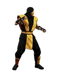 a man in a yellow and black outfit with two swords on his arm, standing