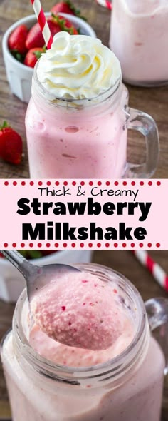 strawberry milkshake with whipped cream and strawberries in the background