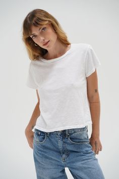 LNA Essential Shaden Crew Neck Tee in White Soft-washed Boxy Tops For Everyday, Soft-washed Boxy Top For Everyday Wear, Boxy Soft-washed Tops For Everyday, Classic Washed Tops For Everyday, White Tee And Jeans Outfit, White Tee And Jeans, Inspo Board, Basic Tee, White Tee