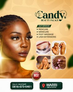 an ad for candy's beauty place with the image of a woman getting her nails done