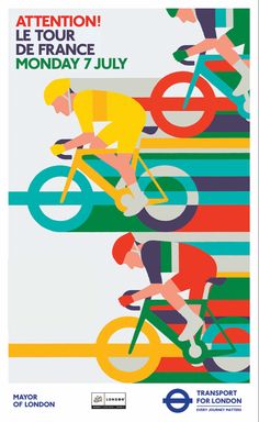 a poster for the tour de france with two men riding bicycles and one man on a bike