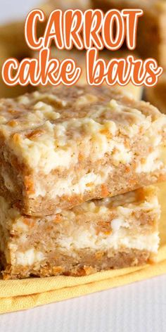 carrot cake bars stacked on top of each other with the words carrot cake bars above them