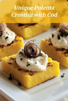 Creamy cod spread atop crispy polenta rounds, offering a sophisticated take on traditional Italian finger foods for parties. Polenta Appetizer