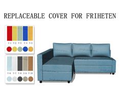 an image of a couch and ottoman with color swatches on the bottom right side